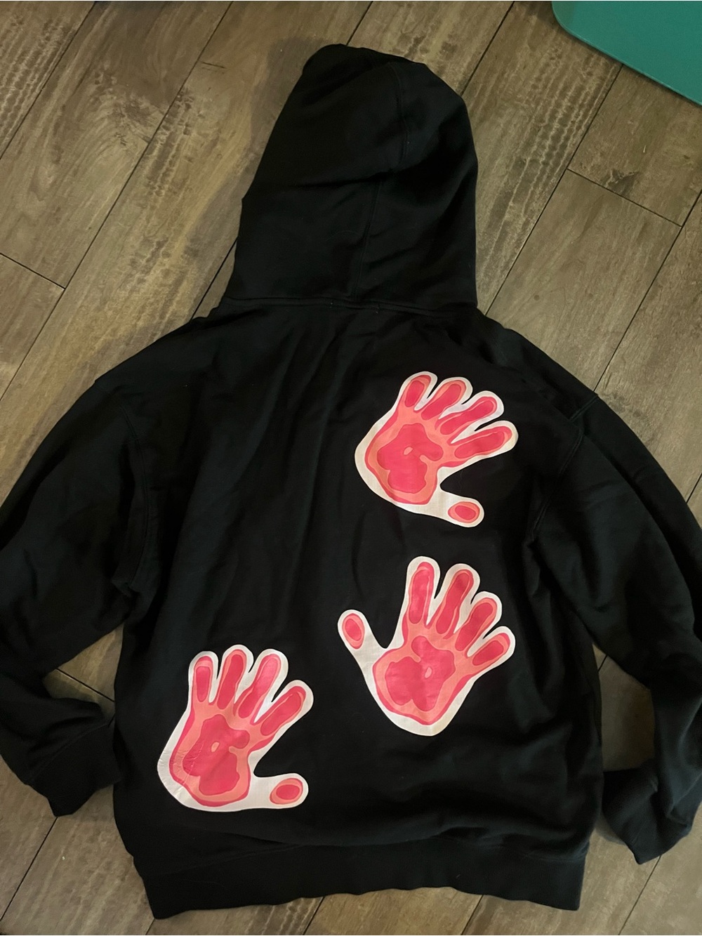 Aelfric Eden Black Hoodie with Pink Handprint Graphic